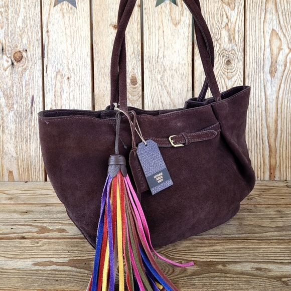 *Rare* Suede Leather Tote Shoulder Handbag With Mutlicolored Leather Tassel NWT - Picture 2 of 12
